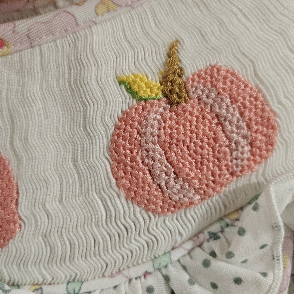 Little Bear Smocked Dress with Pink Pumpkin Embroidery. With Matching Hair Bow - Picture 7 of 7